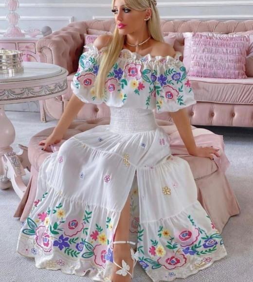 Vestido Longo Bordado Manga Ciganinha Noivado Civil Festa