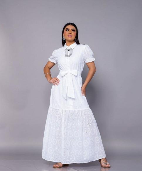 Vestido Longo Branco Algodão Bordado Lese Faixa Civil Festa