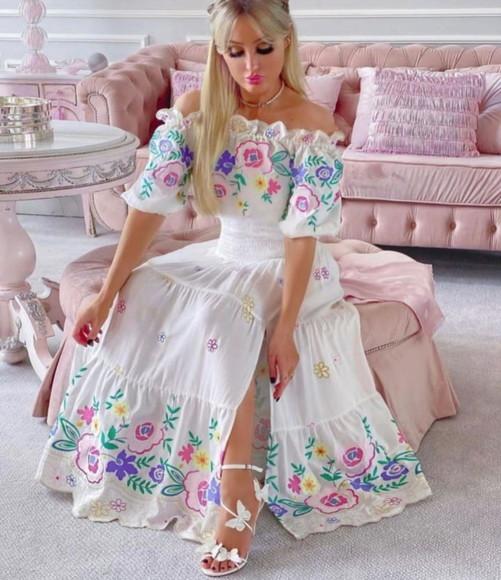 Vestido Longo Bordado Manga Ciganinha Noivado Civil Festa