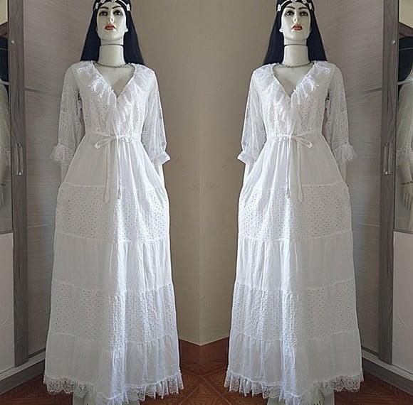 Vestido Longo Branco Algodão Laise Manga 3/4 Em Renda