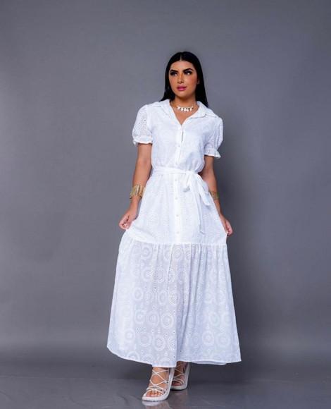 Vestido Longo Branco Algodão Bordado Lese Faixa Civil Festa