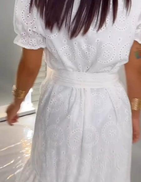 Vestido Longo Branco Algodão Bordado Lese Faixa Civil Festa