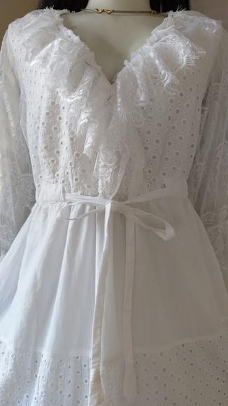 Vestido Longo Branco Algodão Laise Manga 3/4 Em Renda