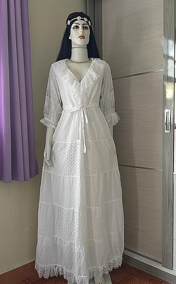 Vestido Longo Branco Algodão Laise Manga 3/4 Em Renda