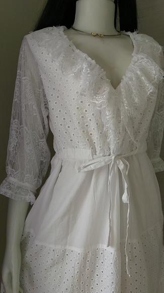 Vestido Longo Branco Algodão Laise Manga 3/4 Em Renda