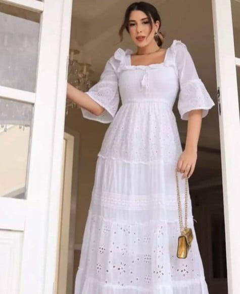 Vestido Longo Branco Algodão Laise Noiva Civil Plussize