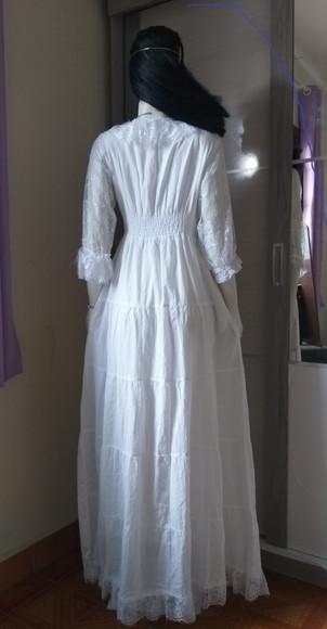 Vestido Longo Branco Algodão Laise Manga 3/4 Em Renda