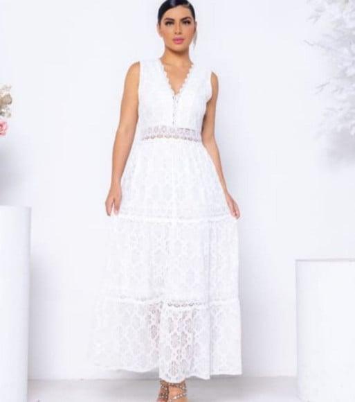 Vestido Longo Branco em Renda Guipir Civil Prewedding