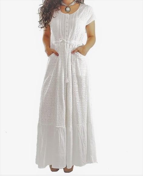 Vestido Longo Branco Laise Bolso Botões Noiva Civil Batizado