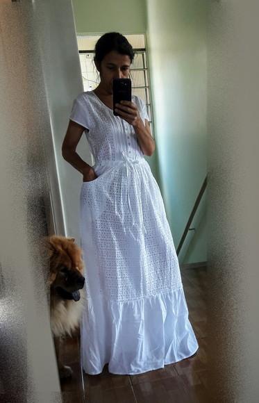 Vestido Longo Branco Laise Bolso Botões Noiva Civil Batizado