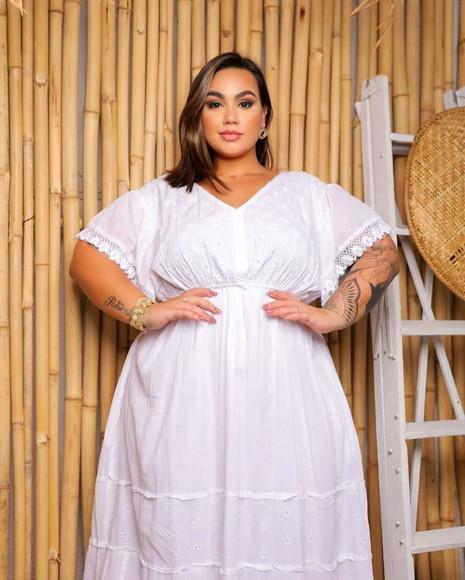 Vestido Longo Branco Laise Renda Grupir Plussize