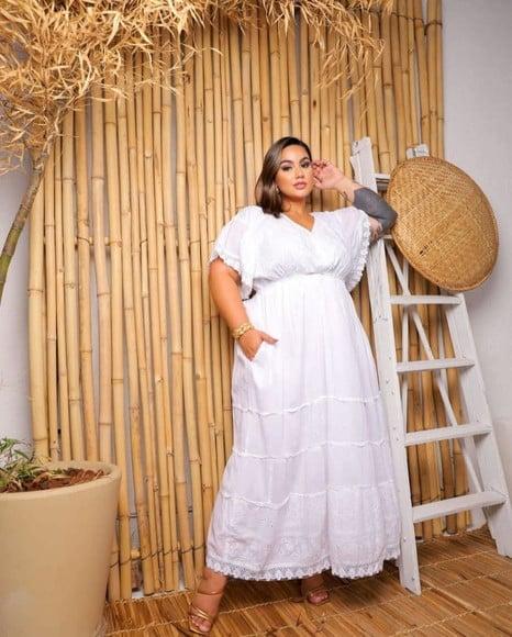 Vestido Longo Branco Laise Renda Grupir Plussize