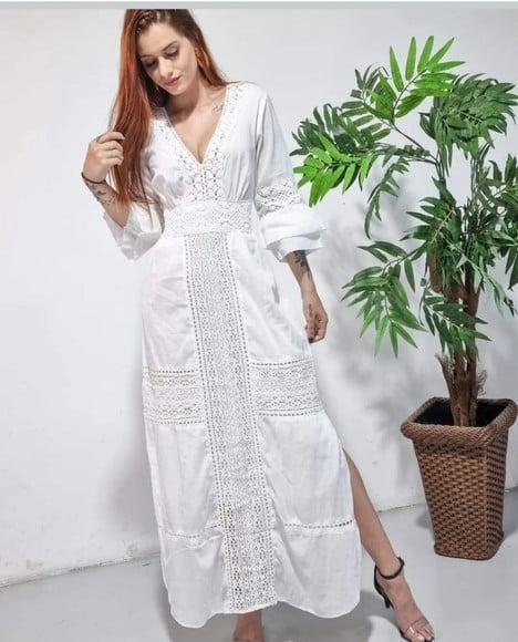Vestido Longo Branco Laise Renda Noivado Casamento Civil