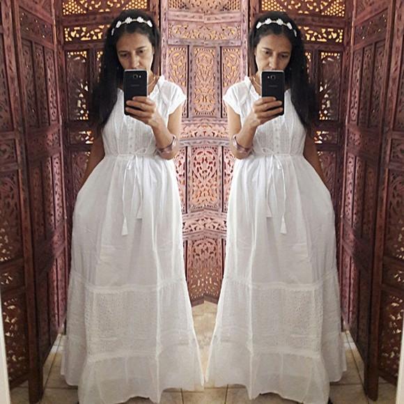 Vestido Longo Branco Lese Bolsos Botões Civil Batizado Festa