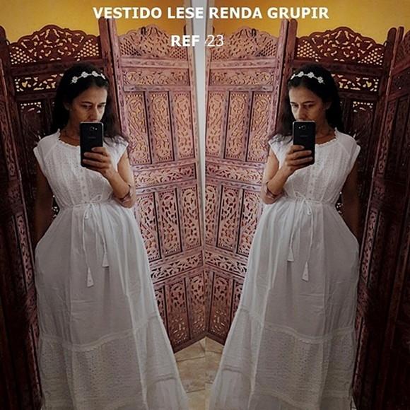 Vestido Longo Branco Lese Bolsos Botões Civil Batizado Festa