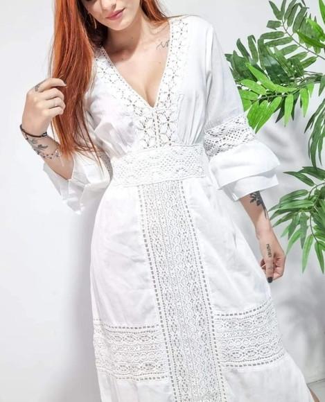 Vestido Longo Branco Laise Renda Noivado Casamento Civil
