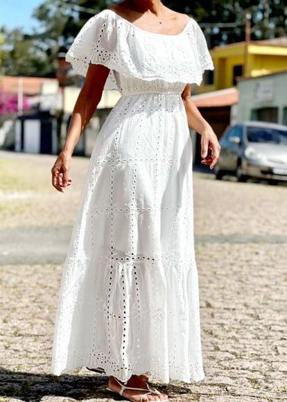 Vestido Longo Branco Lese Ciganinha Casamento Civil Noivado
