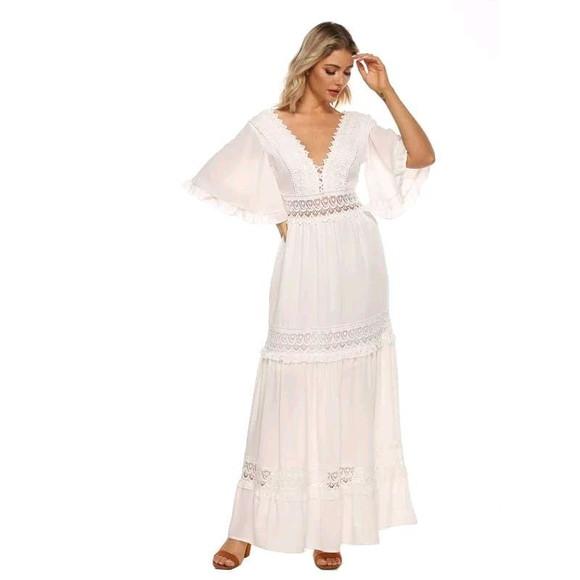 Vestido Longo Branco Renda Grupir Noivado Casamento Civil