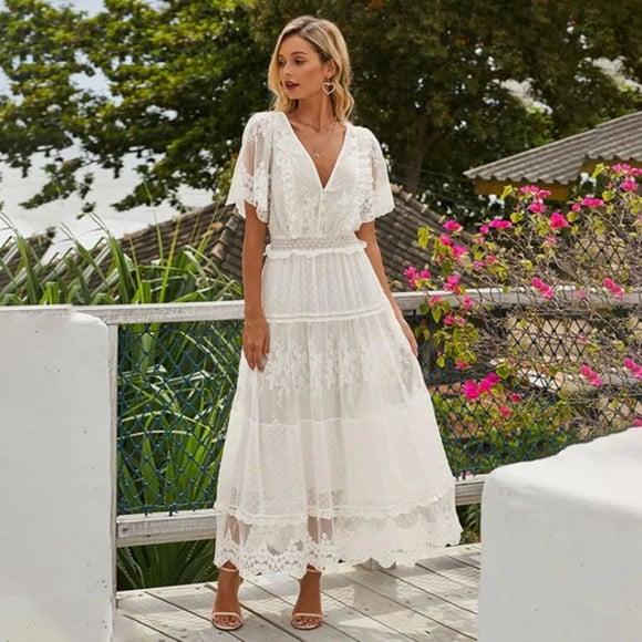 Vestido Longo Branco Renda Tule Noiva Boyo Civil Sob Medidas