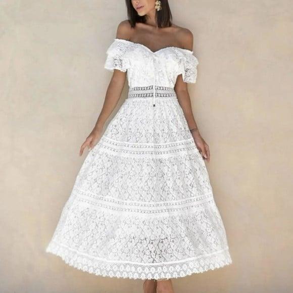Vestido Longo Branco Renda Guipir Pre Wedding Civil Noiva