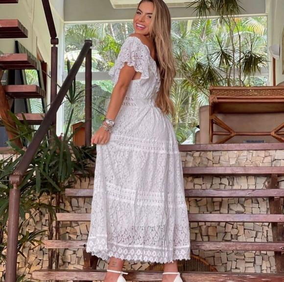 Vestido Longo Branco Renda Guipir Civil Prewedding