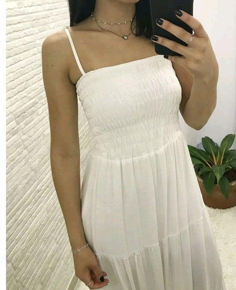 Vestido Longo Lastex Branco Rodado