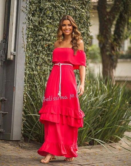 Vestido Longo Manga Ciganinha Babado Casamento Civil Noiva