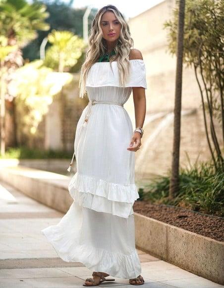 Vestido Longo Manga Ciganinha Babado Casamento Civil Noiva