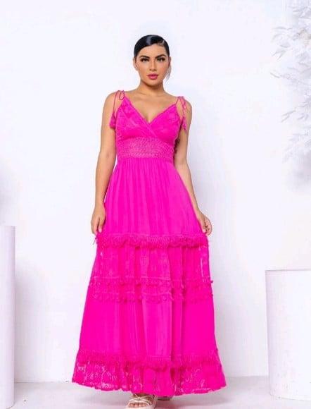 Vestido Longo Pink em Renda Guipir Artesanal Festa Madrinha