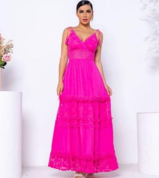 Vestido Longo Pink em Renda Guipir Artesanal Festa Madrinha