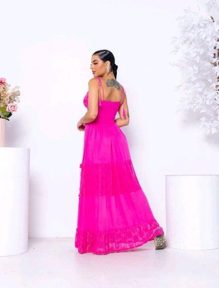 Vestido Longo Pink em Renda Guipir Artesanal Festa Madrinha