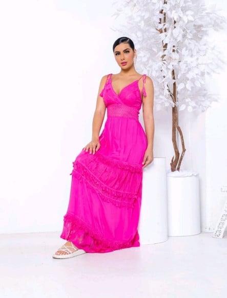 Vestido Longo Pink em Renda Guipir Artesanal Festa Madrinha