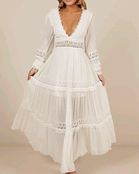 Vestido Longo Renda Grupir Manga Longa Seda