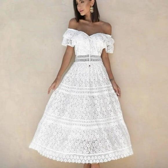 Vestido Longo Renda Manga Ciganinha Noiva Civil Pre Wedding
