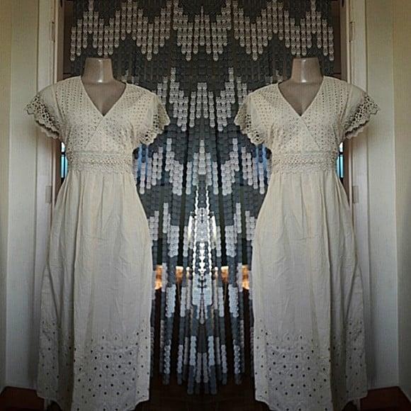 vestido longo tecido algodão lese bolsos renda promoção