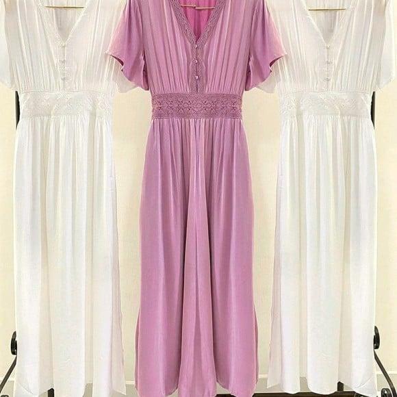 vestido longo tecido renda botões manga curta