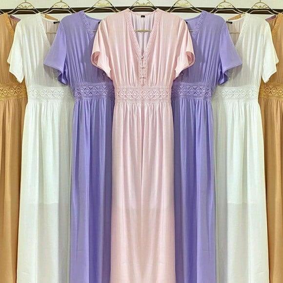 vestido longo tecido renda botões manga curta