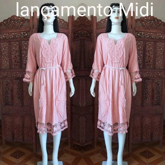 Vestido Midi Bordado Renda Guipir Manga 3/4