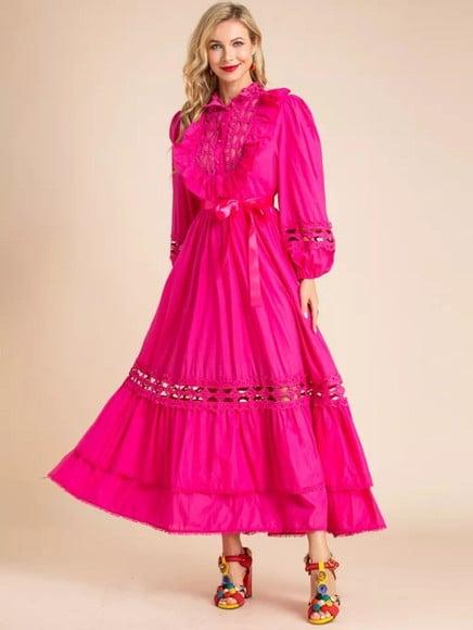 Vestido Pink Detalhes Renda Manga Longa Festa