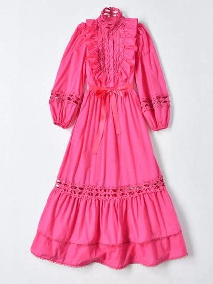 Vestido Pink Detalhes Renda Manga Longa Festa