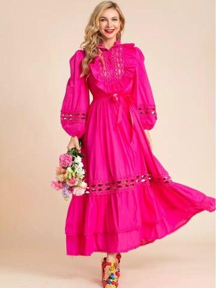 Vestido Pink Detalhes Renda Manga Longa Festa