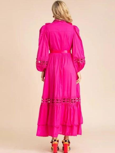 Vestido Pink Detalhes Renda Manga Longa Festa