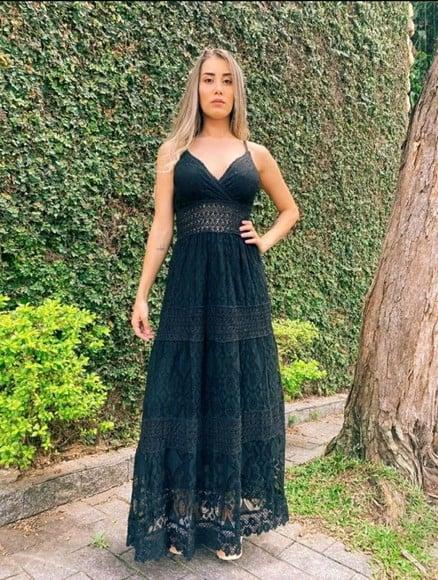 vestido renda grupir longo preto festa
