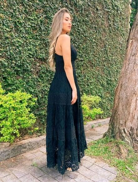 vestido renda grupir longo preto festa