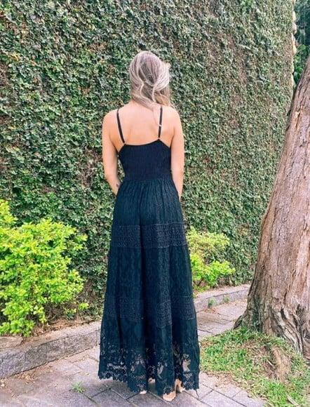 vestido renda grupir longo preto festa