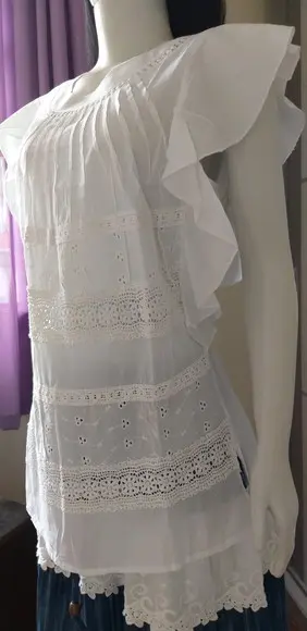 bata algodão branca laise lese manga babado
