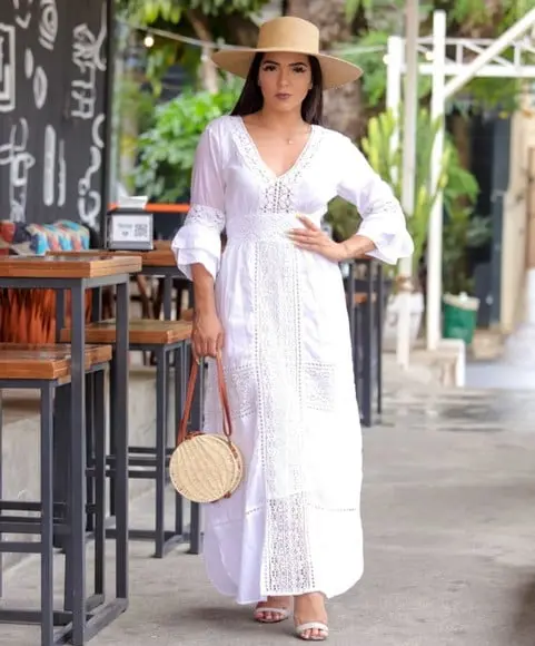 Vestido Branco Laise Renda Guipir Manga 3/4