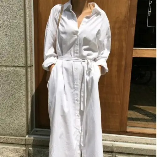 vestido chemise botões bolsos faixa branco