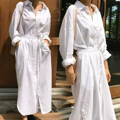vestido chemise botões bolsos faixa branco