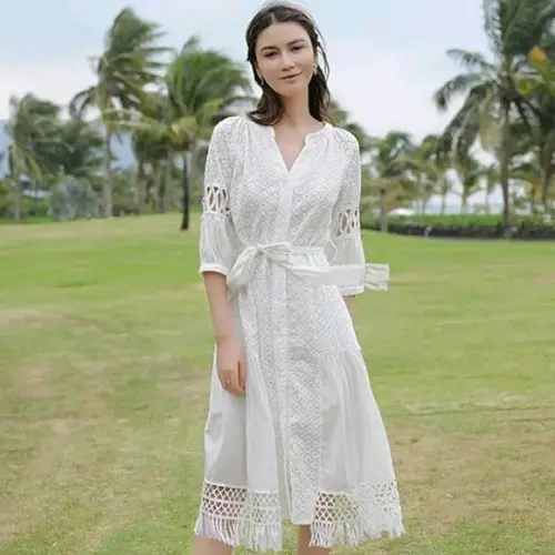 Vestido Chemise Laise Renda Guipir Faixa Artesanal